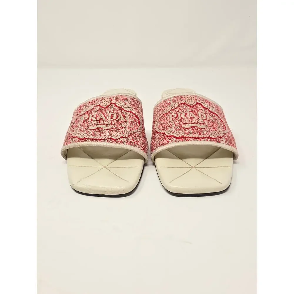 Prada Logo Jacquard Slide Sandals Red White Flat Day Quilted Woven 37.5 7.5